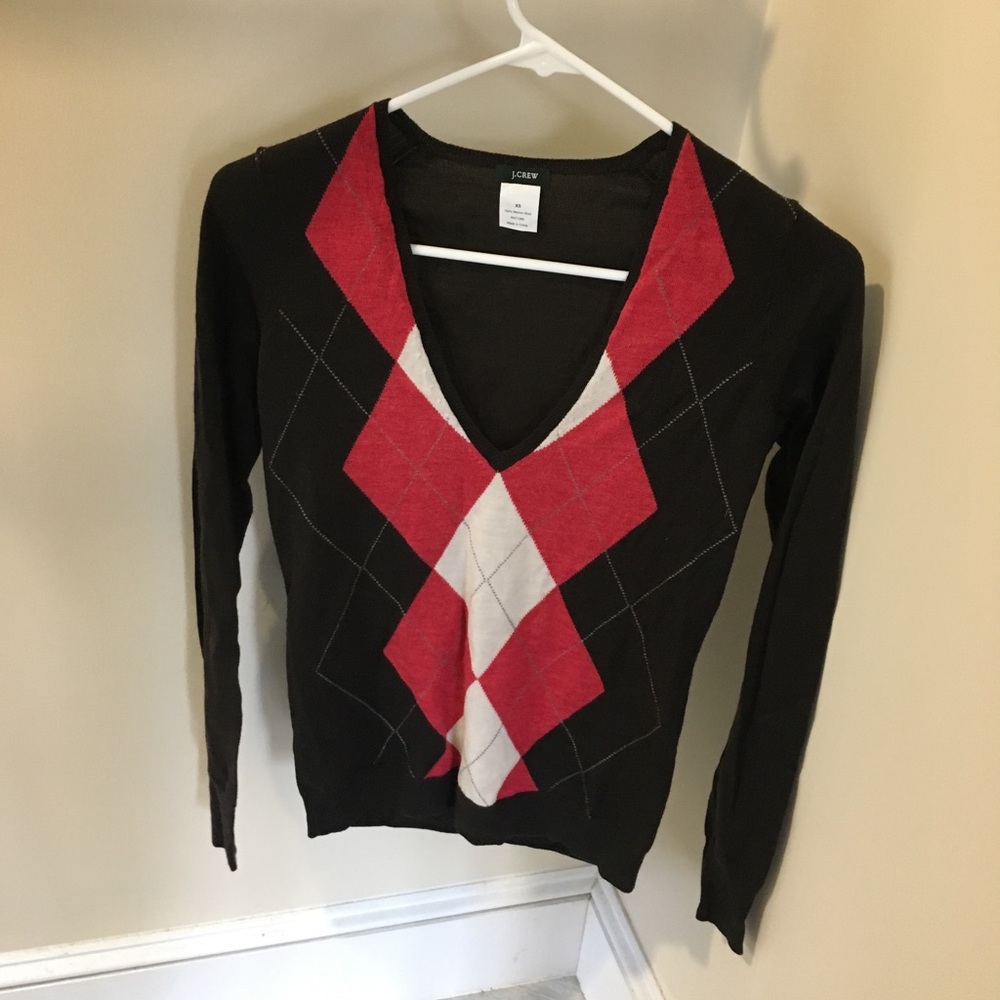 J. CREW Brown Pink Argyle V Neck Sweater XS
